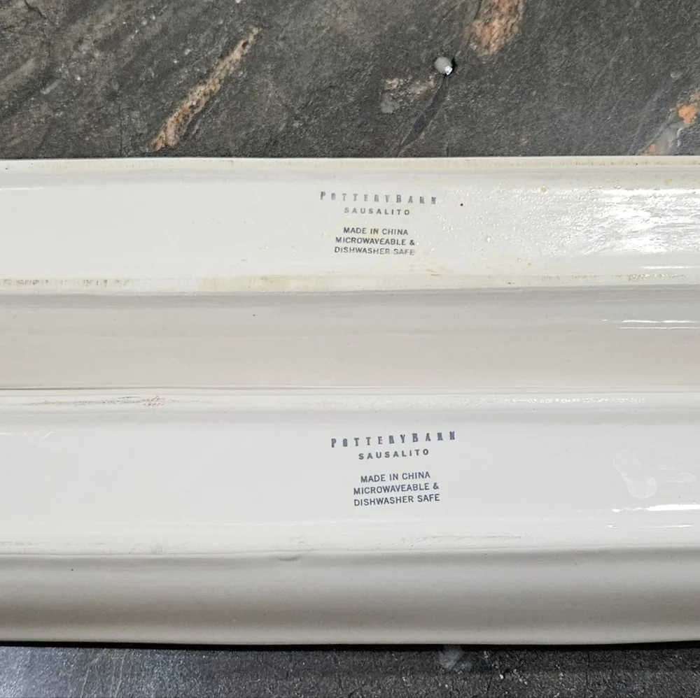 POTTERY BARN Set 2 Olive Dishes nuts candy boat ceramic white cream VGUC serving